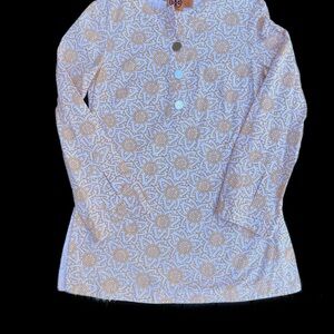 Tory Burch Women’s Cream and Gold Patterned Long Sleeve Tunic